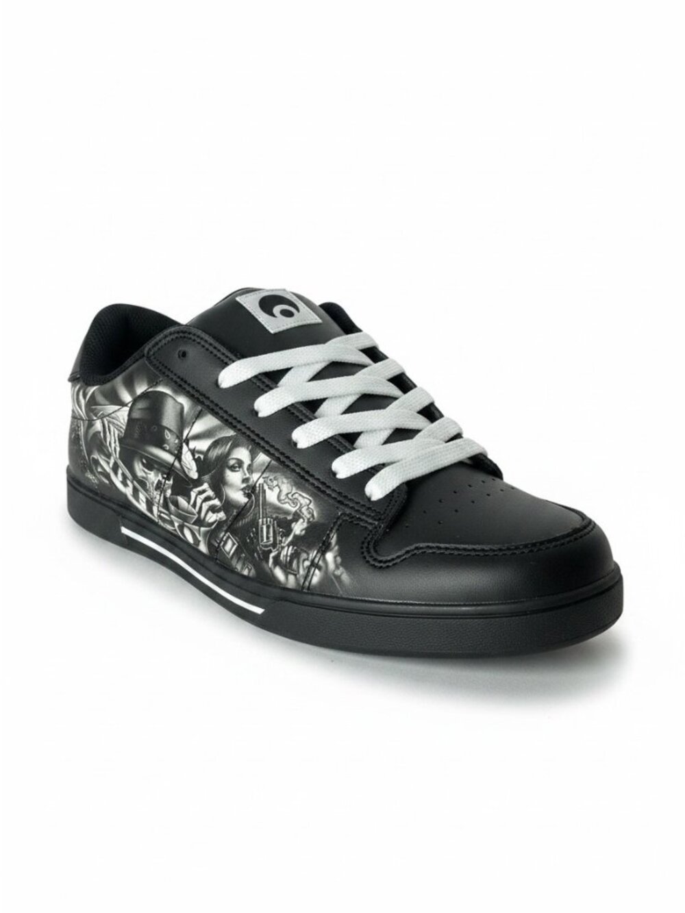 Osiris Serve Abel Y2K Skate Sneaker Tattoo Skull Pistol Black White US 9 EU 42